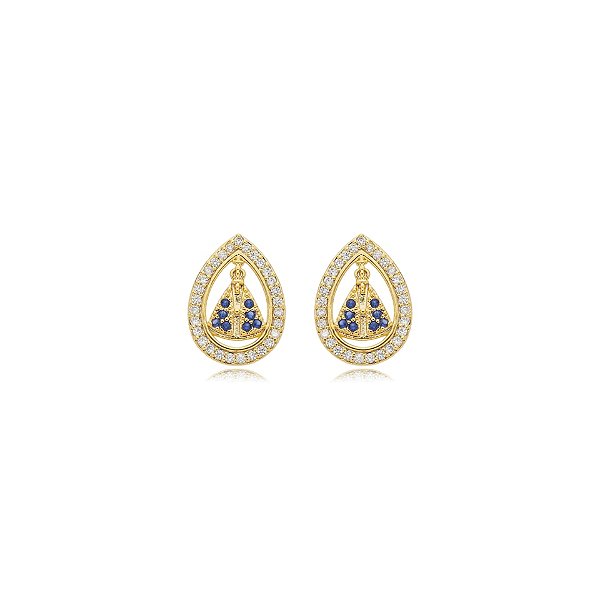 Brinco Elaine Palma Nossa Senhora Aparecida gota zircônia azul ouro semijoia