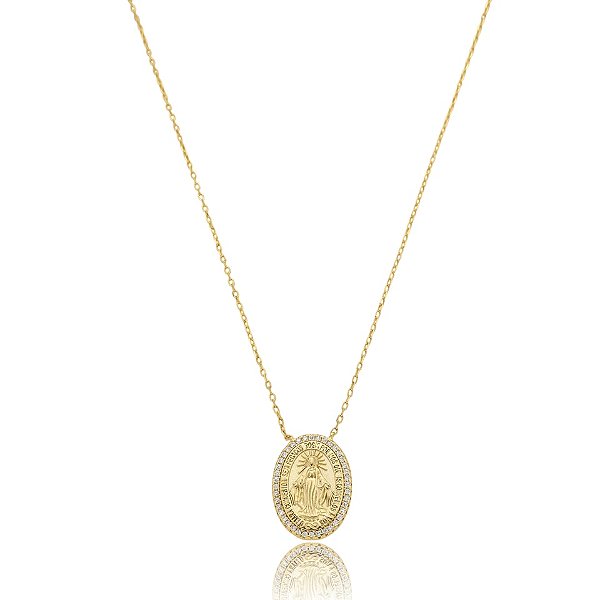 Colar Elaine Palma Nossa Senhora das Graças zircônia prata 925 banho ouro