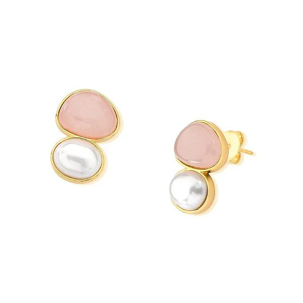Brinco pedra natural quartzo rosa e pérola shell ouro semijoia