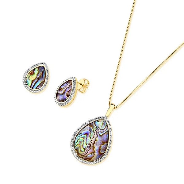 Colar e brinco gota pedra natural abalone ouro semijoia