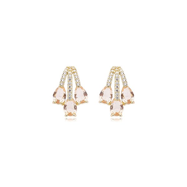 Brinco gotinhas zircônia cristal rosê ouro semijoia