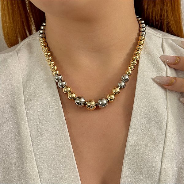 Colar choker esferas ouro e ródio semijoia CLR 1827 A