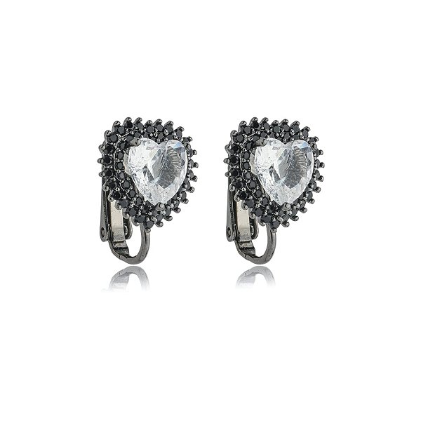 Brinco pressão coração cristal ródio negro semijoia 596009544