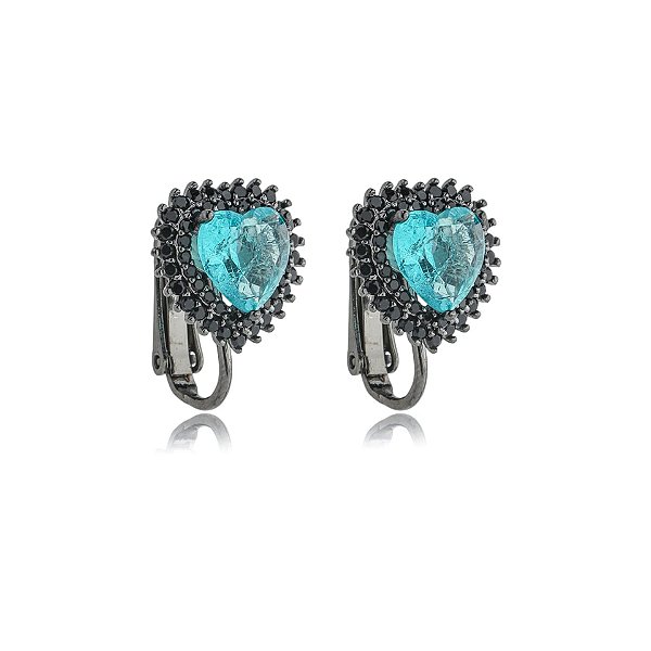 Brinco pressão coração cristal azul ródio negro semijoia 596009544