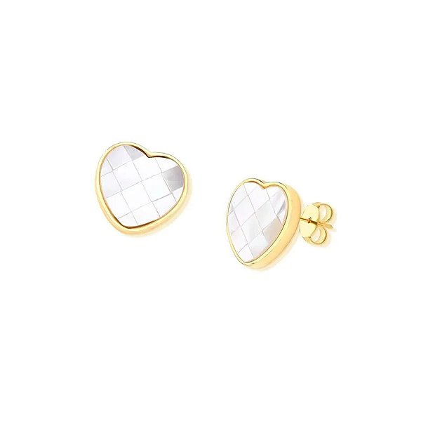 Brinco coração madrepérola mosaico ouro semijoia