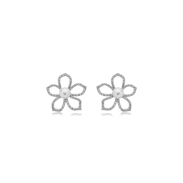 Brinco flor pérola zircônia ródio semijoia 24a01004