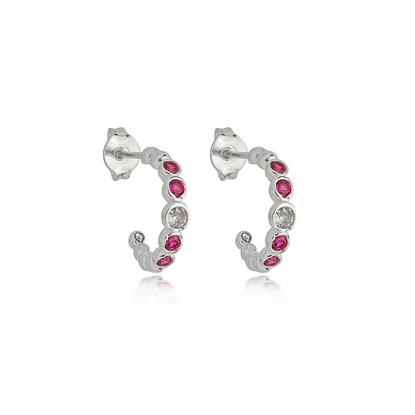 Brinco meia argolinha zircônia pink prata 925 5582505