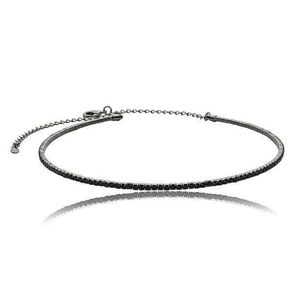 Colar aro choker zircônia black ródio negro semijoia 7763