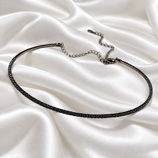 Colar Aro Choker Zircônia Black Ródio Negro Semijoia 7763