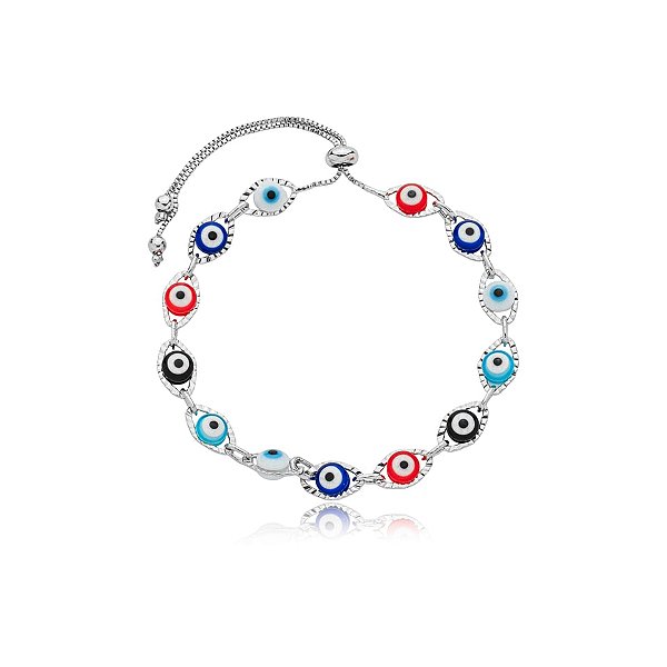 Pulseira gravatinha olho grego colorido ródio semijoia 517