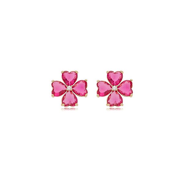 Brinco trevo zircônia pink ouro semijoia E240218