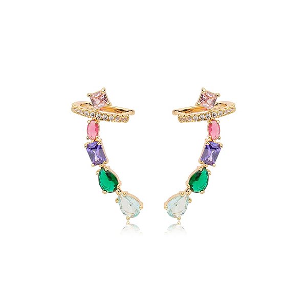 Brinco ear cuff zircônias coloridas ouro semijoia E10186