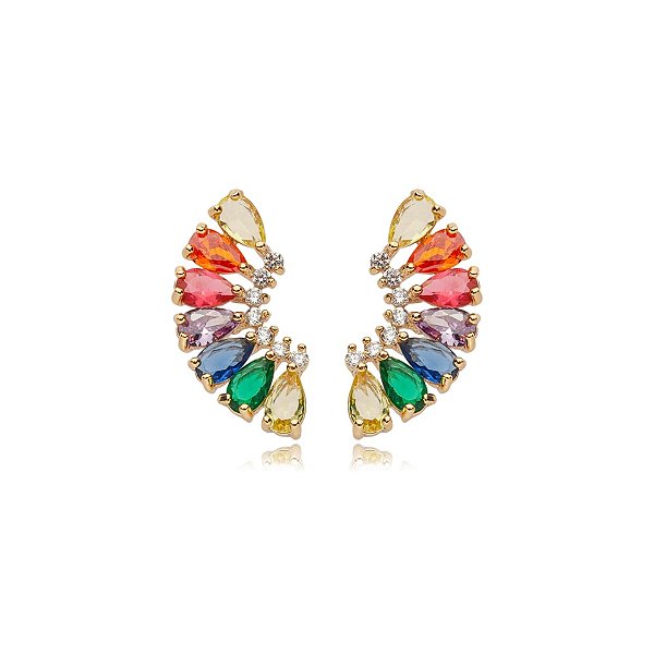 Brinco ear cuff gotinhas zircônias coloridas ouro semijoia E2577