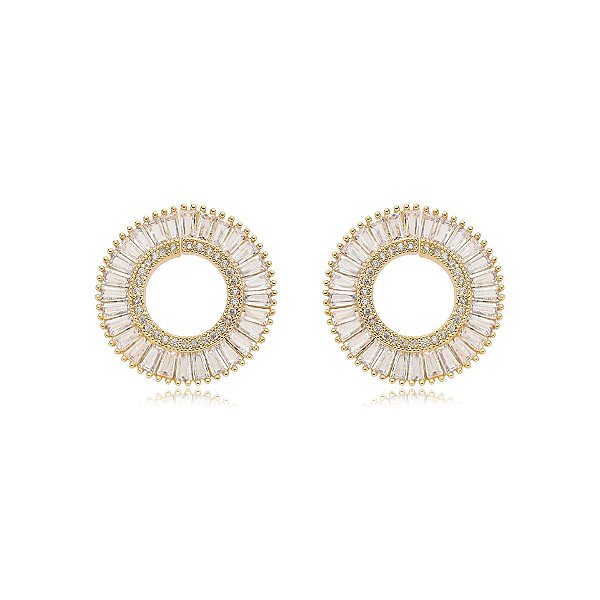 Brinco círculo zircônia baguete ouro semijoia E240221