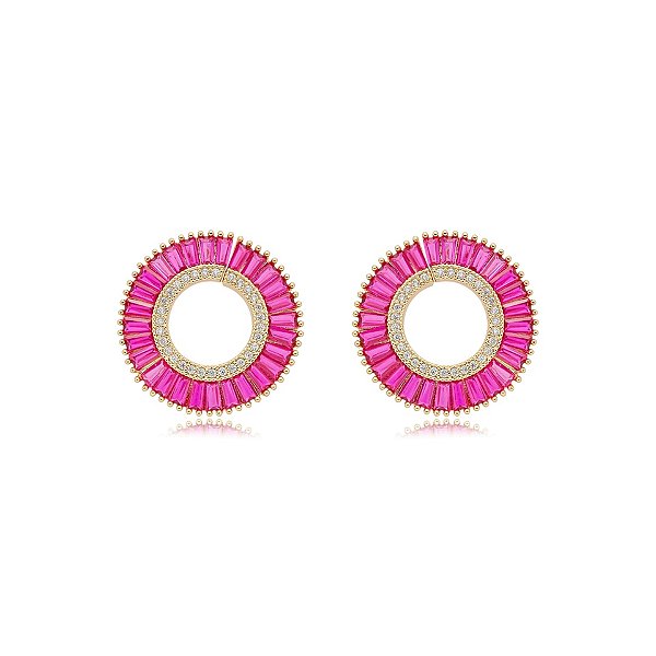 Brinco círculo zircônia baguete pink ouro semijoia E240221