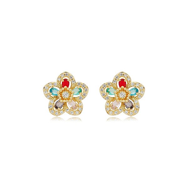 Brinco flor zircônias coloridas ouro semijoia