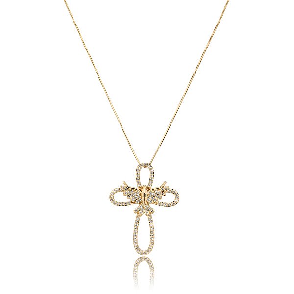 Colar crucifixo Espírito Santo zircônia ouro semijoia