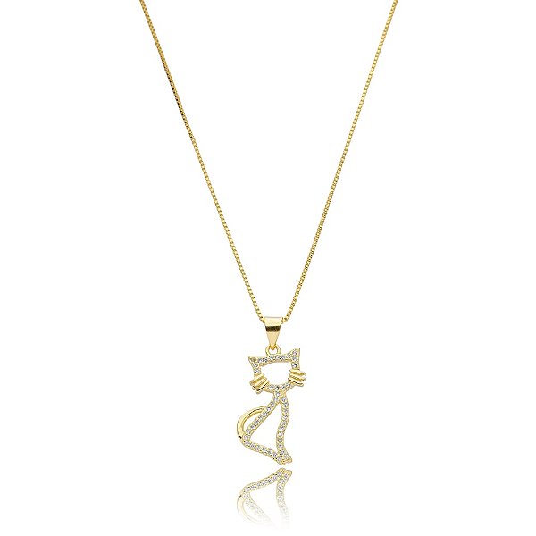 Colar pet gato zircônia ouro semijoia