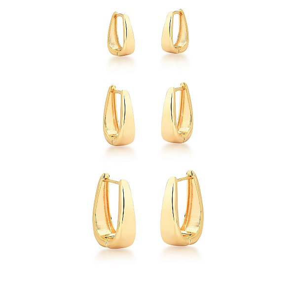 Kit 3 brincos argolinhas gota lisa ouro semijoia