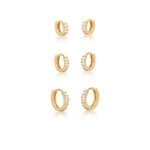 Kit 3 brincos argolinhas zircônia ouro semijoia