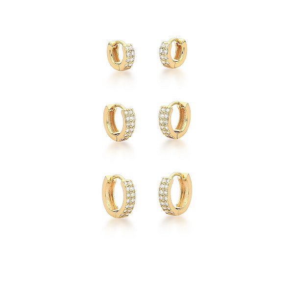 Kit 3 brincos argolinhas retas zircônia ouro semijoia