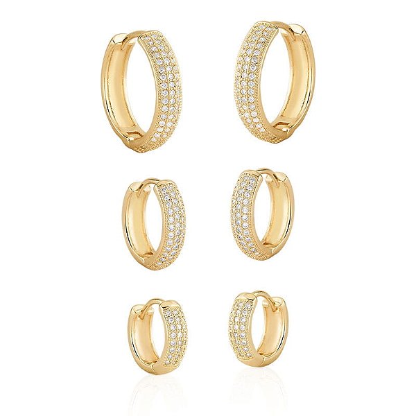 Kit 3 brincos argolinhas zircônia ouro semijoia