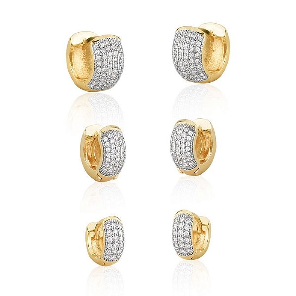 Kit 3 brincos argolinhas zircônia ouro semijoia