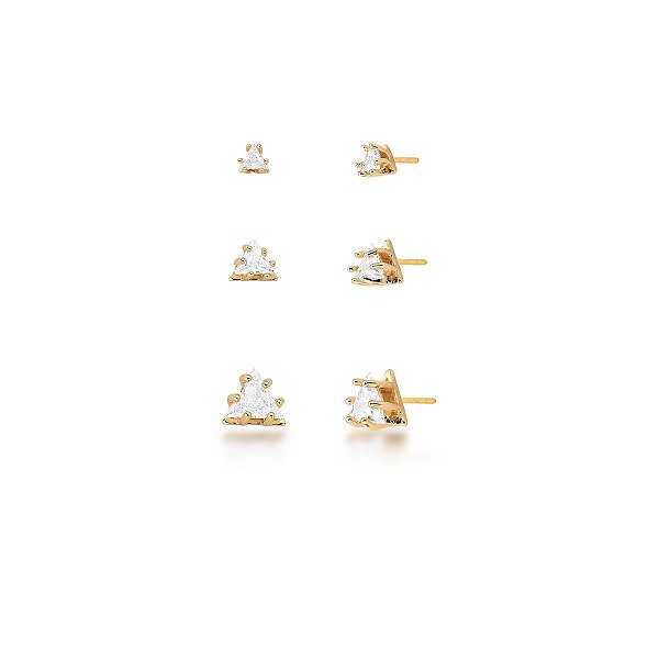 Kit 3 brincos triangulares cristais ouro semijoia