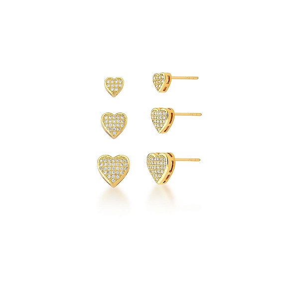 Kit 3 brincos corações zircônias ouro semijoia