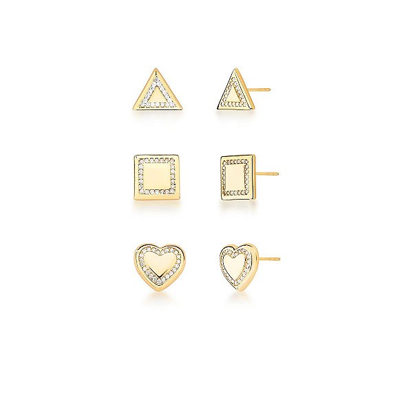 Kit 3 brincos coração quadrado e triângulo zircônias ouro semijoia