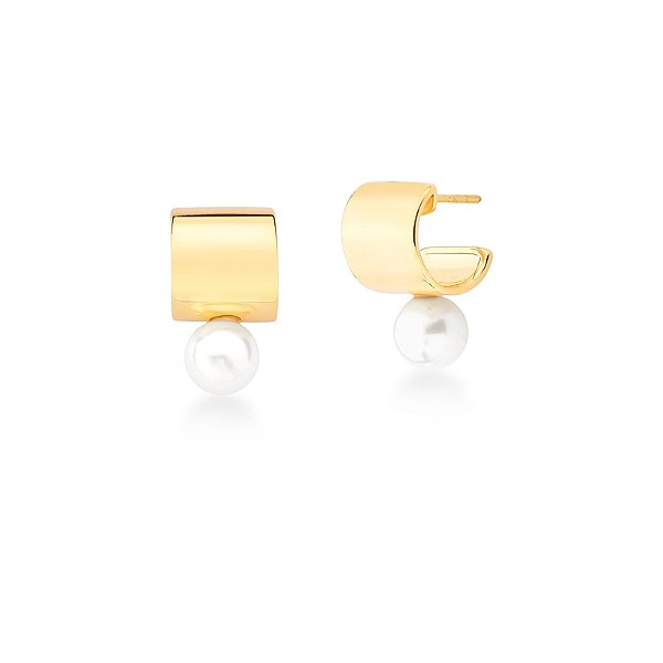Brinco meia argola pérola shell ouro semijoia