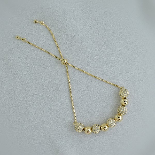 Pulseira gravatinha esferas zircônias ouro semijoia
