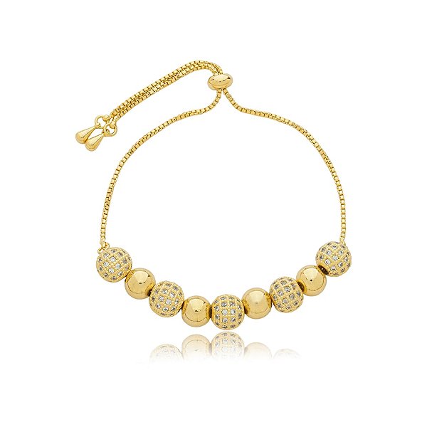 Pulseira gravatinha esferas zircônias ouro semijoia