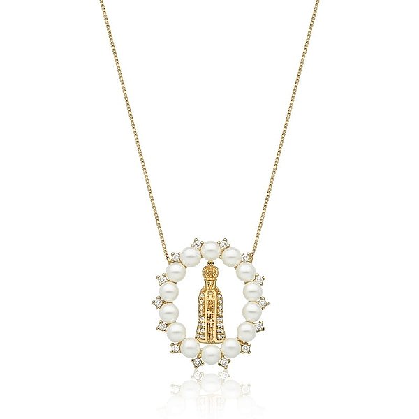 Colar pingente Nossa Senhora Aparecida pérolas zircônias ouro semijoia