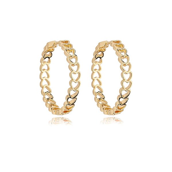 Brinco argola corações vazados ouro semijoia 24k07017