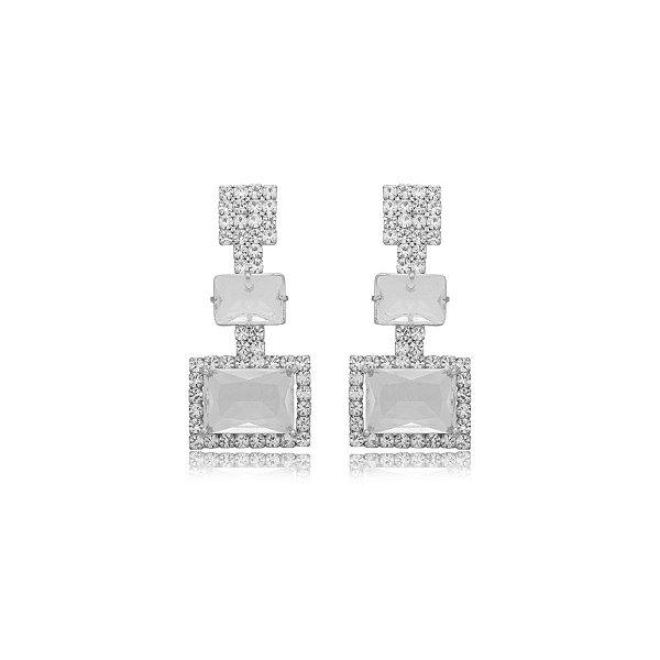 Brinco Claudia Marisguia retangular cristais prateado