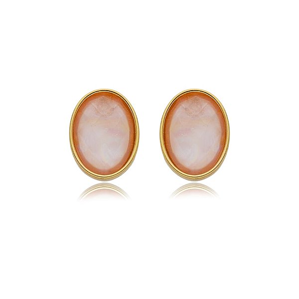 Brinco oval pedra natural madrepérola rosa p ouro semijoia