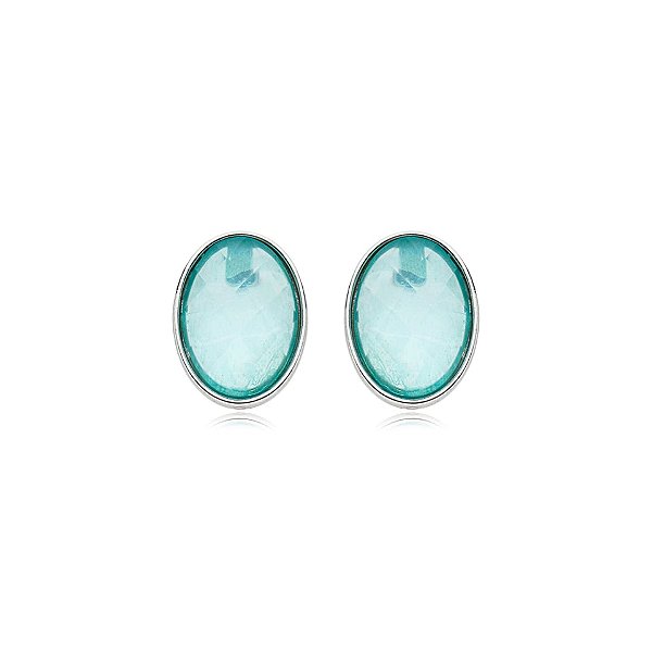 Brinco oval pedra natural madrepérola azul g ródio semijoia