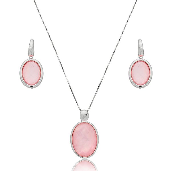 Colar e brinco oval pedra natural madrepérola rosa ródio semijoia