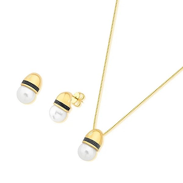 Colar e brinco pérola shell ouro semijoia