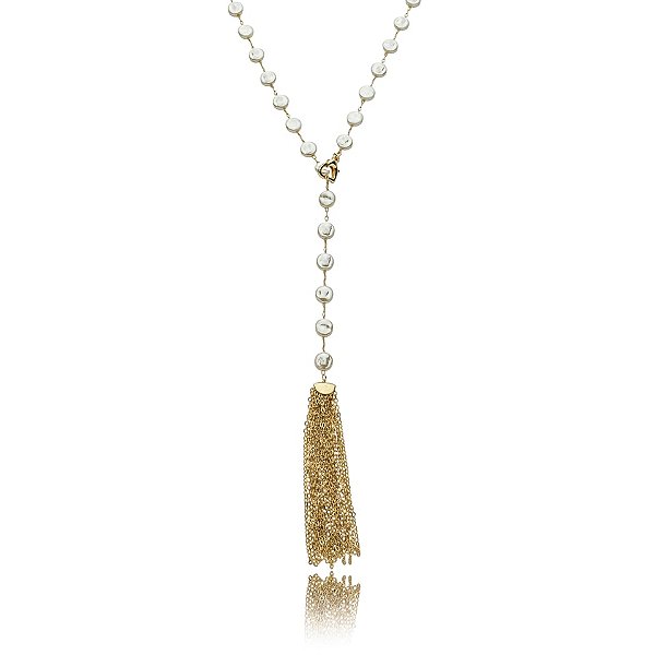 Colar pérola barroca achatada tassel ouro semijoia