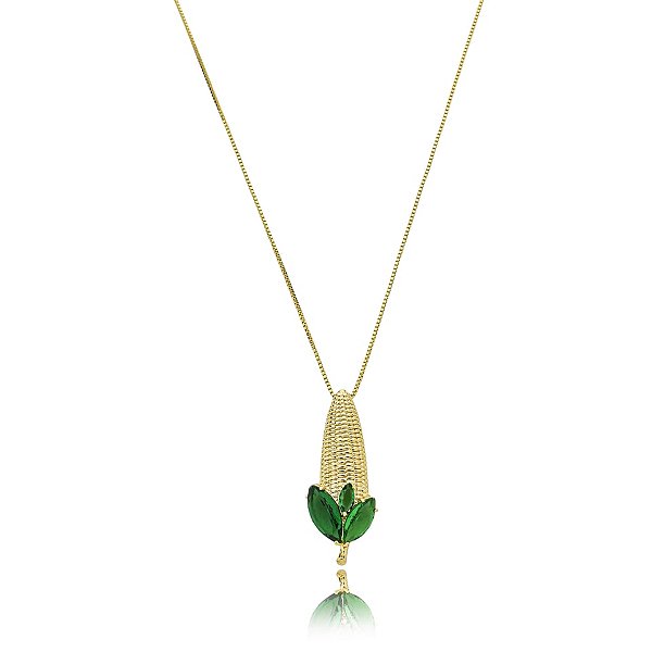 Colar milho cristais verdes ouro semijoia