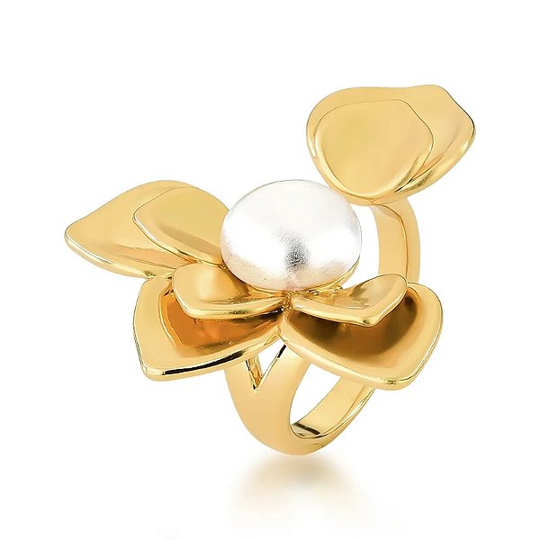 Anel meia flor ouro e ródio fosco semijoia