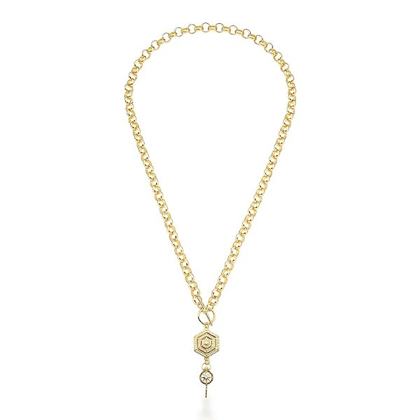 Colar pingente hexagonal zircônia ouro semijoia