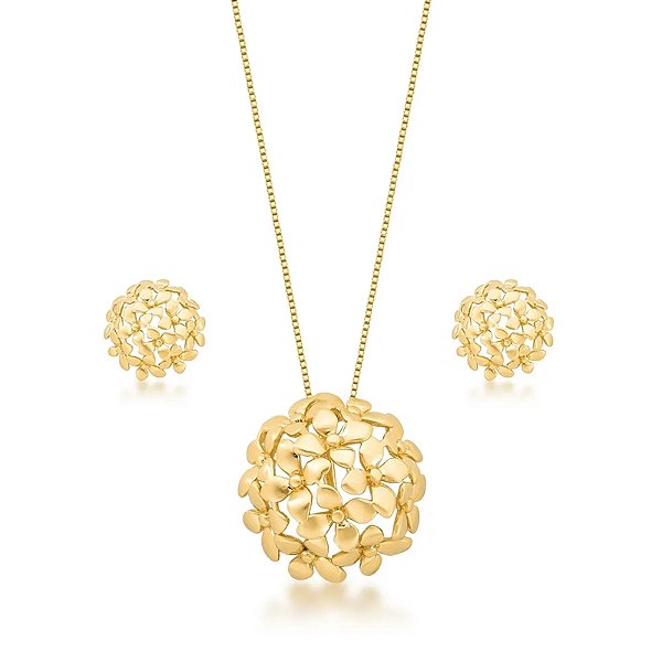 Colar e brinco buquê flores ouro fosco semijoia