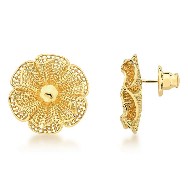 Brinco flor renda ouro semijoia