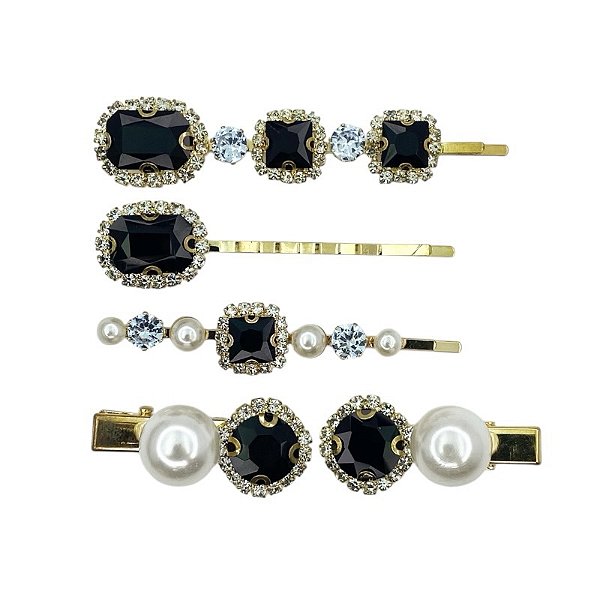 Kit presilhas cristais preto pérola metal dourado 5 peças