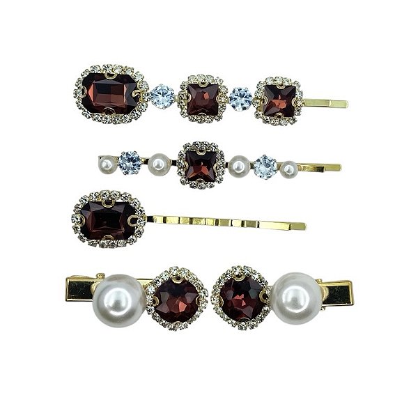 Kit presilhas cristais roxo pérola metal dourado 5 peças