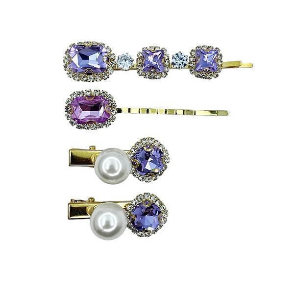 Kit presilhas cristais lavanda pérola metal dourado 4 peças