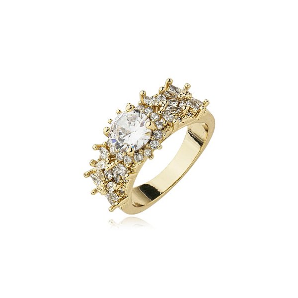 Anel flores zircônia ouro semijoia CH 21